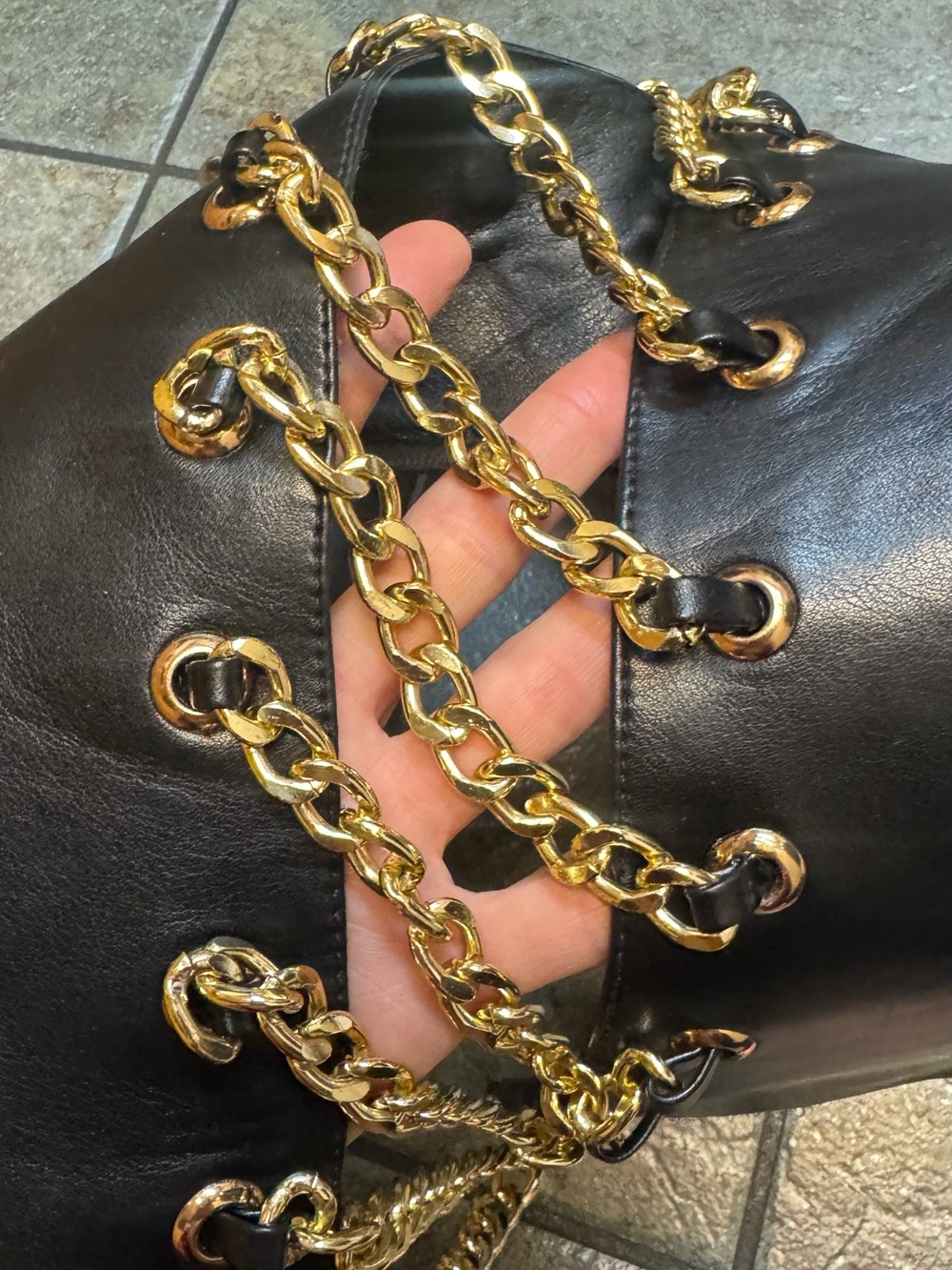 Black Leather Knee-High Stiletto Boots with Gold Chain & Toe Cap US 8 - Picture 12 of 17